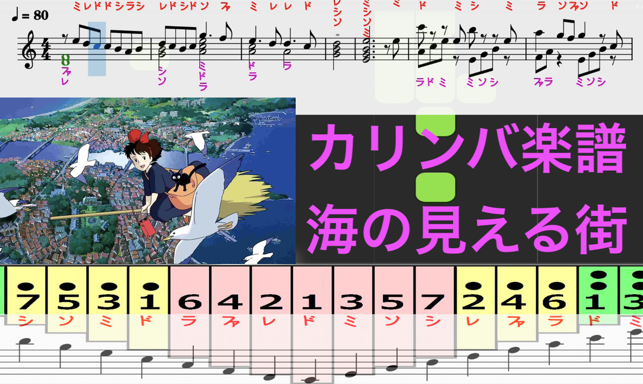 海の見える街 魔女の宅急便 久石譲 カリンバ楽譜 見るだけで演奏出来る 簡単 無料 歌詞付き ドレミ音符読み方ふりがな譜表付き 楽譜画像 楽器練習用 カリンバ ピアノ オカリナ サックス トランペット フルート クラリネット演奏 カラオケに最適 楽譜動画音声あり